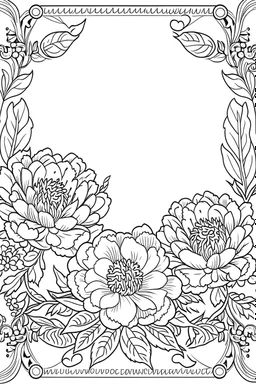 black and white beautiful thin frame made out of peonies for coloring pages, use a lot of big sunflowers in the thin frame, go all the way to the edges for the frame and leave a lot of space in the middle of the page, use only black and white, clear crisp outlines, no black background, go all the way to the outer edges of the page, use more space in the center of the page, make it rounder, use less shading, use more space in the center of the page, widen the frame, open up frame, more flowers