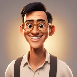 a portrait of smiling man. caricature. sparse black hair. light brown skin. black eye pupils. circle eyeglasses with thin gold frame. round face shape. white shirt with black vest. pixar style. 3D. 4k. portrait. highly detailed. sharp focus. high resolution. full color. cinema lighting