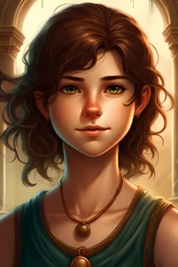 A daughter of Poseidon from Percy Jackson, with short brown hair and brown eyes