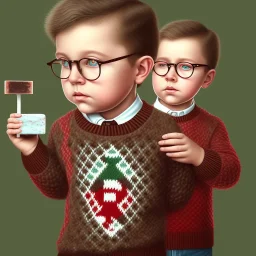 peter billingsley chubby kid with glasses, holding a ((Dark red))soap bar, ((brown))argyle sweater