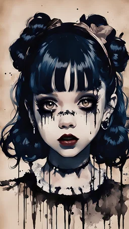 Poster in two gradually, a one side malevolent goth vampire girl face and other side the Singer Melanie Martinez face, full body, painting by Yoji Shinkawa, darkblue and sepia tones,
