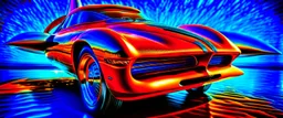 A national geographic award winning photograph of a military fighter jet station wagon wasp hybrid soviet retrofuturism designed by volkswagen only one vehicle per image painted metallic orange traveling at a high rate of speed, jet intake off of front center of vehicle and jet exhaust out the rear with bright blue flame