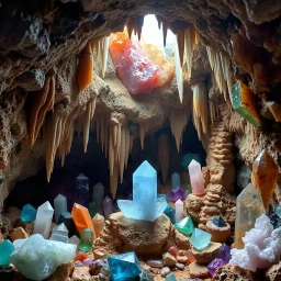 grotta del tesoro con cristalli di pietre diverse, stalattiti e stalagmiti scintillanti, di alta qualità, bella, magica