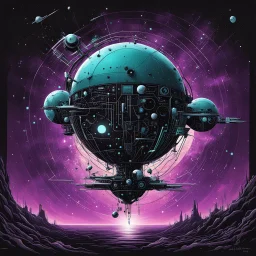 Zom-Zom orbiting anomaly, abstract surreal, by Brian Despain and Arthur Secunda and Petros Afshar, silkscreened mind-bending illustration; sci-fi poster art, asymmetric, Morse code dot and dash vertical texture, dark shines, purple-silver-dark_cyan-black color scheme, by Caras ionut