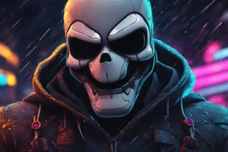 Sans in 8k cartoon artstyle, hacker them, neon effect, close picture, rain, fantasy world, intricate details, highly detailed, high details, detailed portrait, masterpiece,ultra detailed, ultra quality