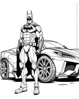 real massive Batman, with hi s vehicle coloring page, full body (((((white background))))), only use an outline., real style, line art, white, clean line art, white background, Sketch style.