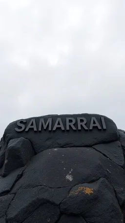 A dark granite stones on a top of a mountain carved a word “ SAMARRAI “ in 3D a cloudy and foggy sky