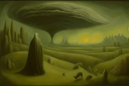 a surreal landscape with dramatic storm clouds by artist "Leonora Carrington",by artist "Agostino Arrivabene",by artist "David Inshaw"