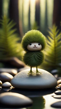 A miniature cute character formed from delicate pine needles, perched gracefully on a smooth pebble amidst a forest brook, with sunlight creating a shimmering, watery glow.