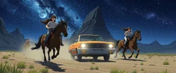 bobby stealing cars on a different star, chased by women on horses, anime style, where is the car?