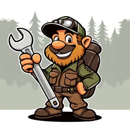 retro cartoon company mascot of a vehicle mechanic with a hint of forest ranger, holding a socket wrench.