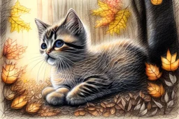 Cute soft contented kitten sweeping autumn leaves from the dirt road in the forest, reflecting water, misty morning sky, intricate zentangle, muted colours, employ golden ratio, elegant, intricate, very beautiful, high definition, hdr, pencil sketch, ultra realistic, ink, wet on wet watercolor, sparkling background