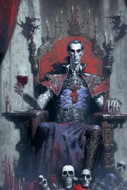 Strahd von Zarovich drinking wine upon a throne of skulls