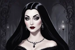 A bewitching portrait of Morticia Addams in a moment of seductive allure. Her obsidian black hair cascades down her shoulders, framing her pale, sculpted face with high cheekbones and piercing dark eyes. Her lips are a deep crimson, slightly parted in a knowing smile. She wears a flowing, form-fitting black gown that accentuates her slender figure, its fabric clinging sensuously. The background is a dimly lit, gothic chamber, perhaps with ornate, shadowy furnishings and a hint of cobwebs. The li