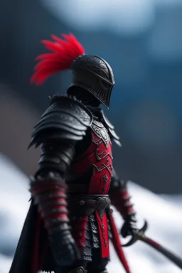 portrait of black knight with red feather in snowy mountain pass,shot on Hasselblad h6d-400c, zeiss prime lens, bokeh like f/0.8, tilt-shift lens 8k, high detail, smooth render, down-light, unreal engine, prize winning