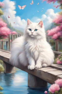 in the center: beautiful chunky fluffy white cats sitting on a bridge, under the brigde flows a small blue river; background: landscape; first plan: pink flowers; back ground: white clouds, butterflys flying in the sky