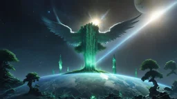 matrix universe, space, planets, god creation, angels from other dimensions with beautiful wings, trees on the planet, behind green crystals of light, few tiberium monolith deposits on the planet near tree,