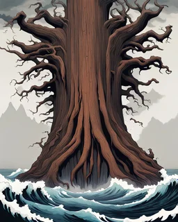 the base of a great redwood tree trunk takes up the majority of the screen. It is surrounded by ocean, which pours into the center of the charred wooden flesh. There are no mountains or other trees surrounding it, and there are no leaves. The background is the storming sea, churning towards the treetrunk and flowing down into its center.