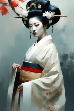 Jeremy Mann style painting, Oiran, white make up on her face, traditional Kimono, digital matt painting, Jeremy Mann style, with rough paint strokes