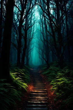 pathway leading into a Dark forest. fantasy