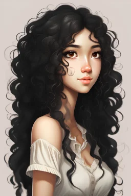 chica de cabello largo negro y rizado, de piel clara, ojos negros y redondos, complexion media