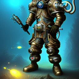 90's TCG art retro scifi art of a steampunk diver with big armor