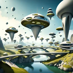 Architecture in the Future, Landscape, with crazy houses on flying Stones connected by bridges