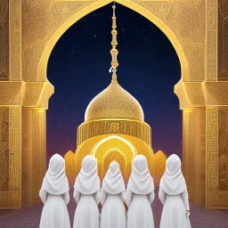 photograph of three women in white burkas standing in front of intricate, ornate, fine-detailed mosque, clear sky, volumetric lighting, 8k resolution, high-quality, Moe Zoyari, Marc Adamus, Ann Prochilo, Romain Veillon, intricate, digital art, national geographic photo, xf iq4 150mp camera system