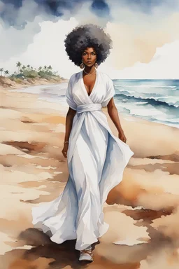 Create an urban culture watercolor painting of a beautiful thick black female wearing a soft white maxi dress and a white hair wrap. Prominent make up with lush lashes. Highly detailed tightly curly afro. Background of her walking in the sand by the ocean.