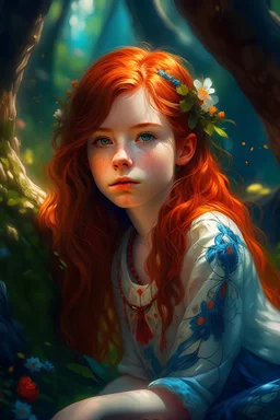 teenage girl, close-up shot, dynamic pose, fair skin with freckles, blue eyes, curly red hair, braided hair style adorned with flowers, slim and athletic body, bohemian-style clothing with embroidery and tassels, enchanted forest setting, on top of a moss-covered tree stump, impressionist style, soft golden sunlight, digital painting, high resolution