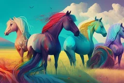 illustration fantasy horses of different colors in a field