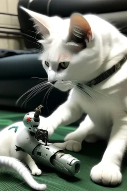 Picture of a white cat playing with solid snake from metal gear solid.