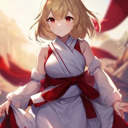 Clear Focus, High resolution, girl wearing a miko outfit, wearing a short white skirt, sleeveless, medium hair length, fluffy tight hair, blonde hair, red eyes, wearing red bow behind hair