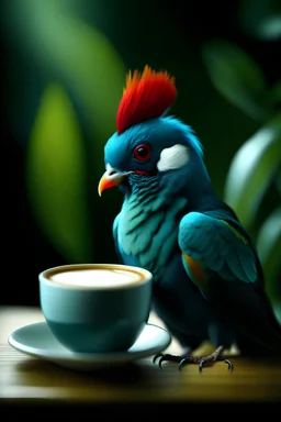 turaco bird with a cup of coffee 8k