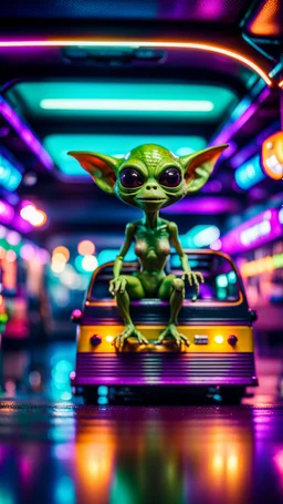 sexy dragster stunt alien gremlin on the bus roof posing on a hipster bus parked in dark neon lit reflective wet arcade hall tunnel,bokeh like f/0.8, tilt-shift lens 8k, high detail, smooth render, down-light, unreal engine, prize winning