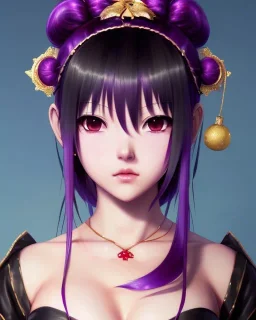 Detailed cute anime Kunoichi girl in sexy Santa clothing, purple hair buns, purple bangs, intricate details, full body portrait, keep head in frame, slight smile, black Japanese motif, concept art, highly detailed, digital painting, concept art, sharp focus, illustration, art by Yoji Shinkawa, WLOP and greg rutkowski and alphonse mucha and artgerm and yanjun Chen and Junji ito and Makoto Shinkai, HDR, octane render