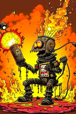 Firestarter animateur radio hardrock with a microphone. Seems angry against robots. Flames all around