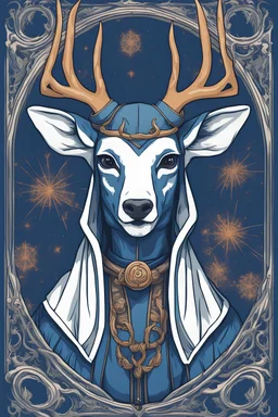 Portrait of a deer sith with four ears, wearing blue and white robes and a hood