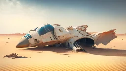 sleek spaceship, sitting in a desert, surrounded by ruined buildings