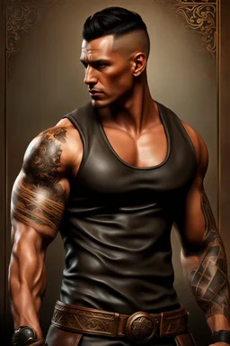 portrait of a 35 year old Handsome muscular mercenary with light bronze skin adorned with tattoos. photorealistic