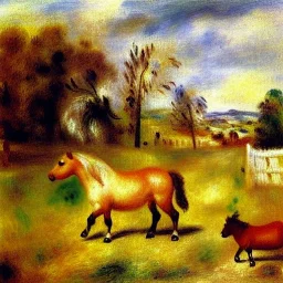 shetland pony, fence, field, oil painting, by renoir