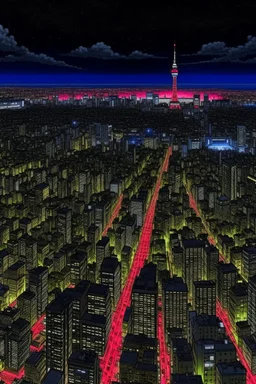 birds eye view of tokyo at nigh in the style of hiroku ogai