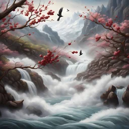 Rustic cherry branch floating down narrow rushing river, violent rapids, white peaks, birds flying. Highly detailed, fantasy, beautiful,hyperrelastic,