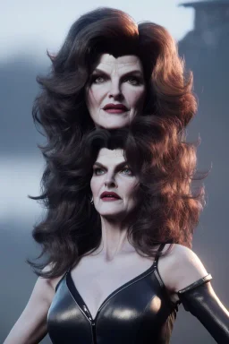 younger Rene Russo as evil queen in leather, cleavage, angry, stern look, unreal 5, octane render,cinema4d, dynamic lighting, dramatic lighting, 4k, redshift render, highly detailed, hyper realistic