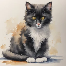 Um gato preto peludo num cesto, Watercolor, trending on artstation, sharp focus, studio photo, intricate details, highly detailed, by greg rutkowski