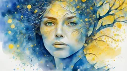 watercolor, woman - tree, glare, sparkles, blue, yellow, clear lines, detail, fine drawing, high resolution, 64K, photorealism, precise focus, double exposure, fantasy,