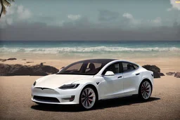 A Tesla 'Model S' is parked, at the beach of Waikiki in Hawaii. CINEMATIC. WIDE ANGLE LENS. PHOTO REAL.