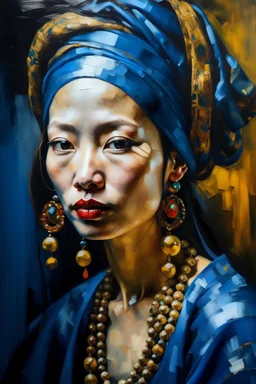 Painted portrait of Chinese woman in turban, heavy makeup, long hair and loads of jewellery, painted by brush in style of water paint by Vincent Van Gogh