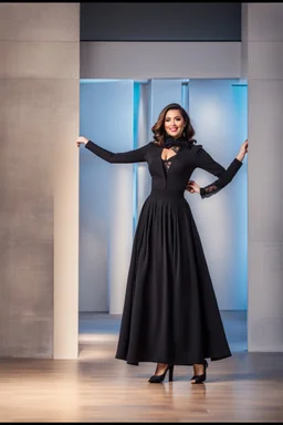 full body of very beautiful lady midi skirt and blouse , curvy hair with small cap and lace scarf ,standing idle happy pose in studio pretty makeup