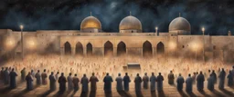 Hyper Realistic Painting of areal view of Palestinian men worshipping outside Al-Aqsa Mosque at night with celebration lights on a vintage rustic grungy paper